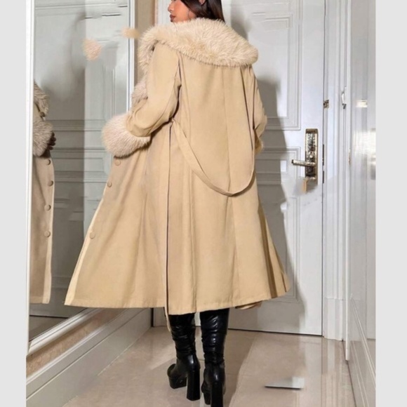 Classic Vegan Fur Pockets Button Down Belted Jacket Coat - Picture 2 of 6